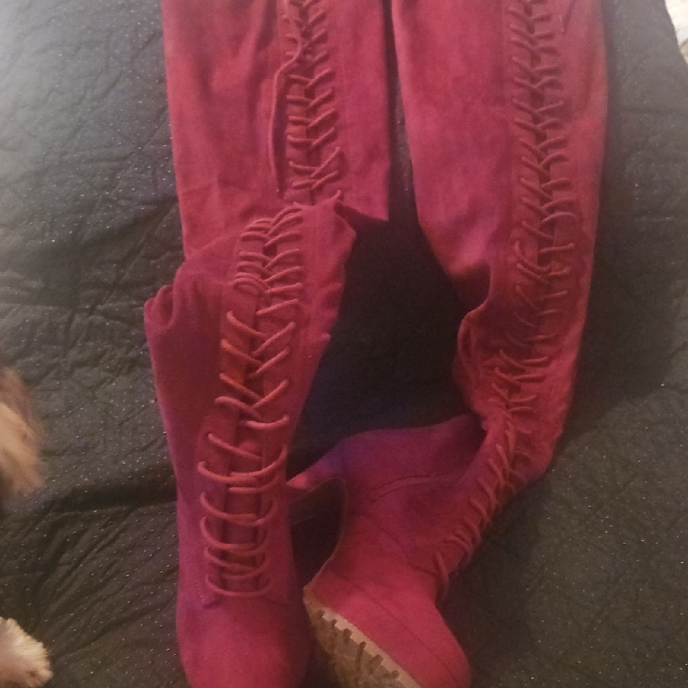 Elegant Burgundy Lace-Up Over the Knee Boots